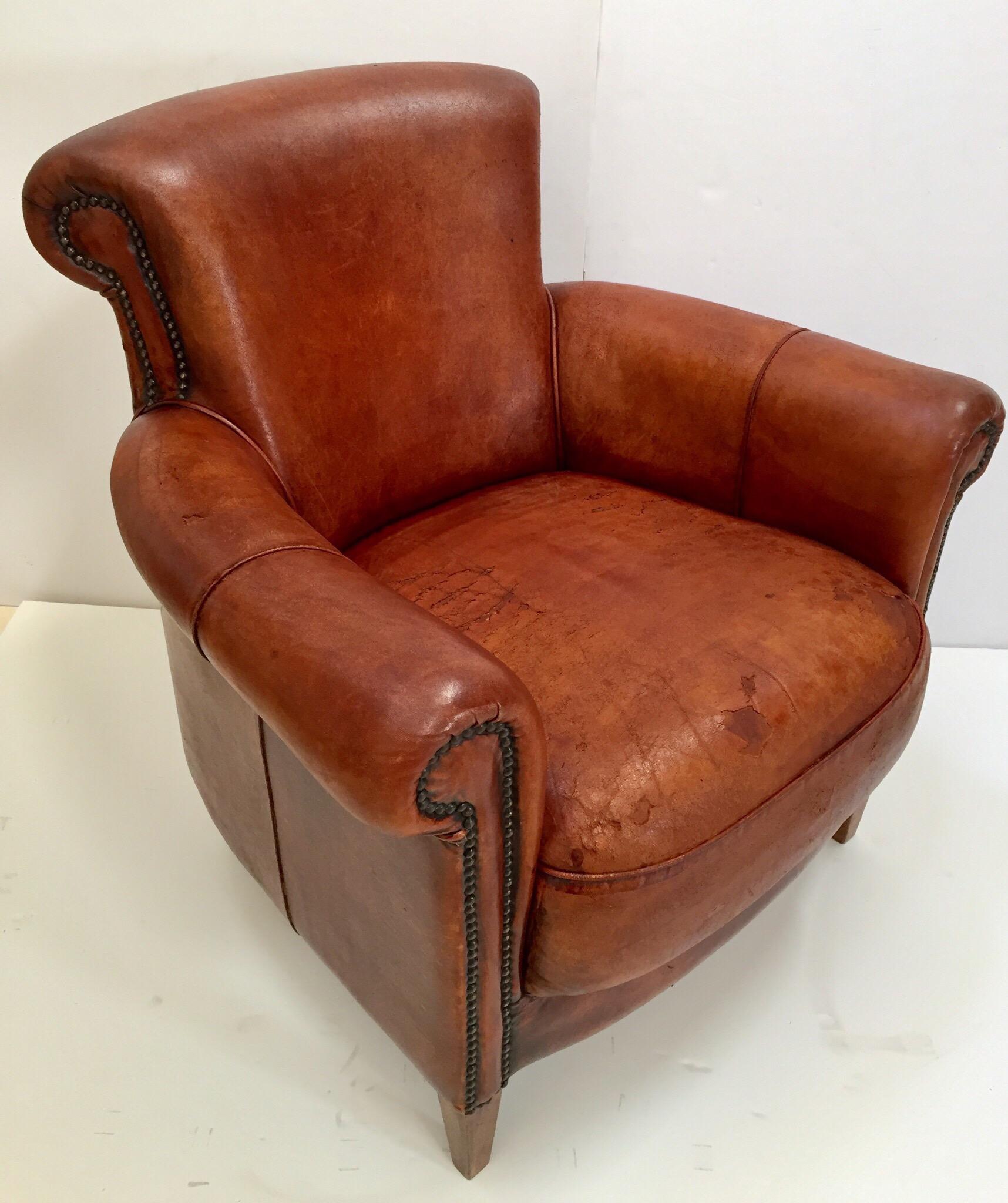 French Art Deco Style Library Leather Club Chair with Nailhead Details 3