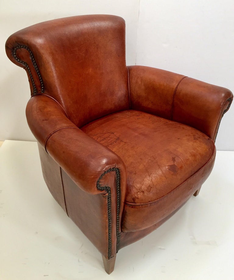 French Art Deco Style Library Leather Club Chair with ...