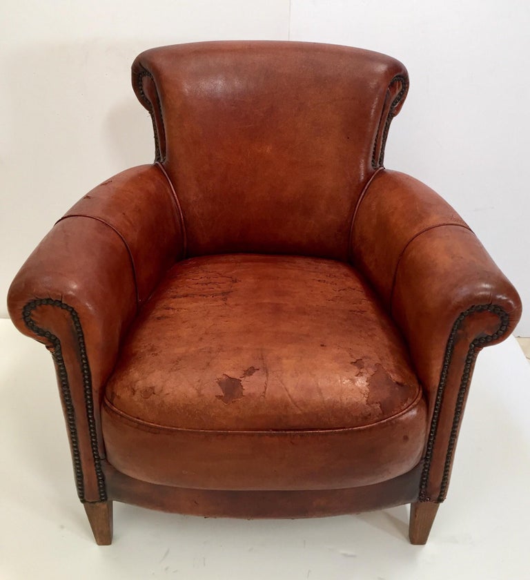 French Art Deco Style Library Leather Club Chair With Nailhead