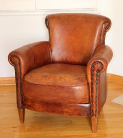 French Art Deco Style Library Leather Club Chair with Nailhead Details