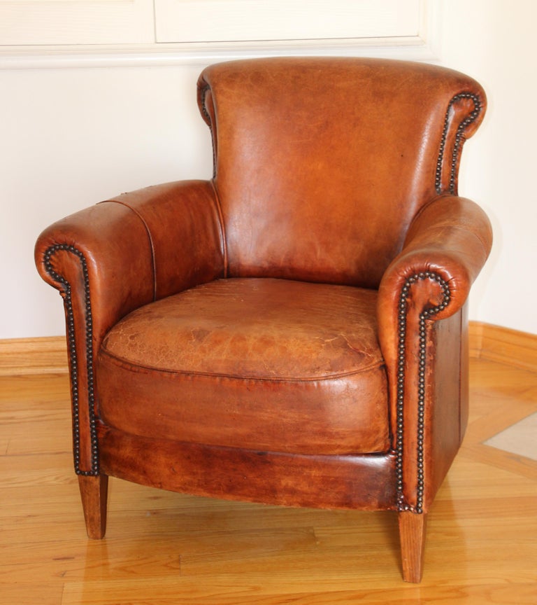 French Art Deco Style Library Leather, Used Leather Club Chair