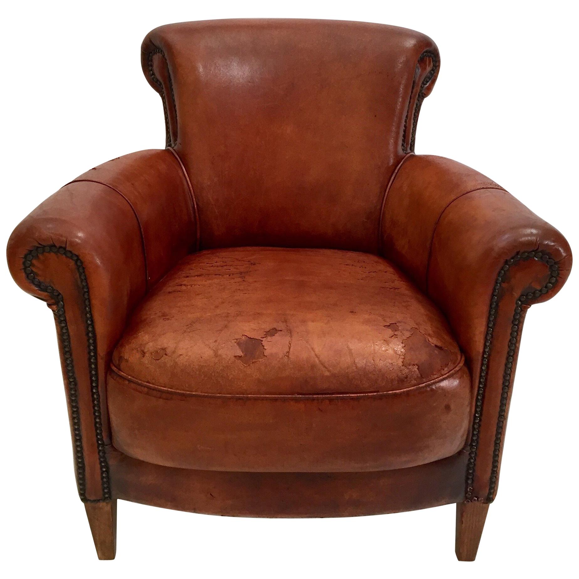 French Art Deco Style Library Leather Club Chair with Nailhead Details