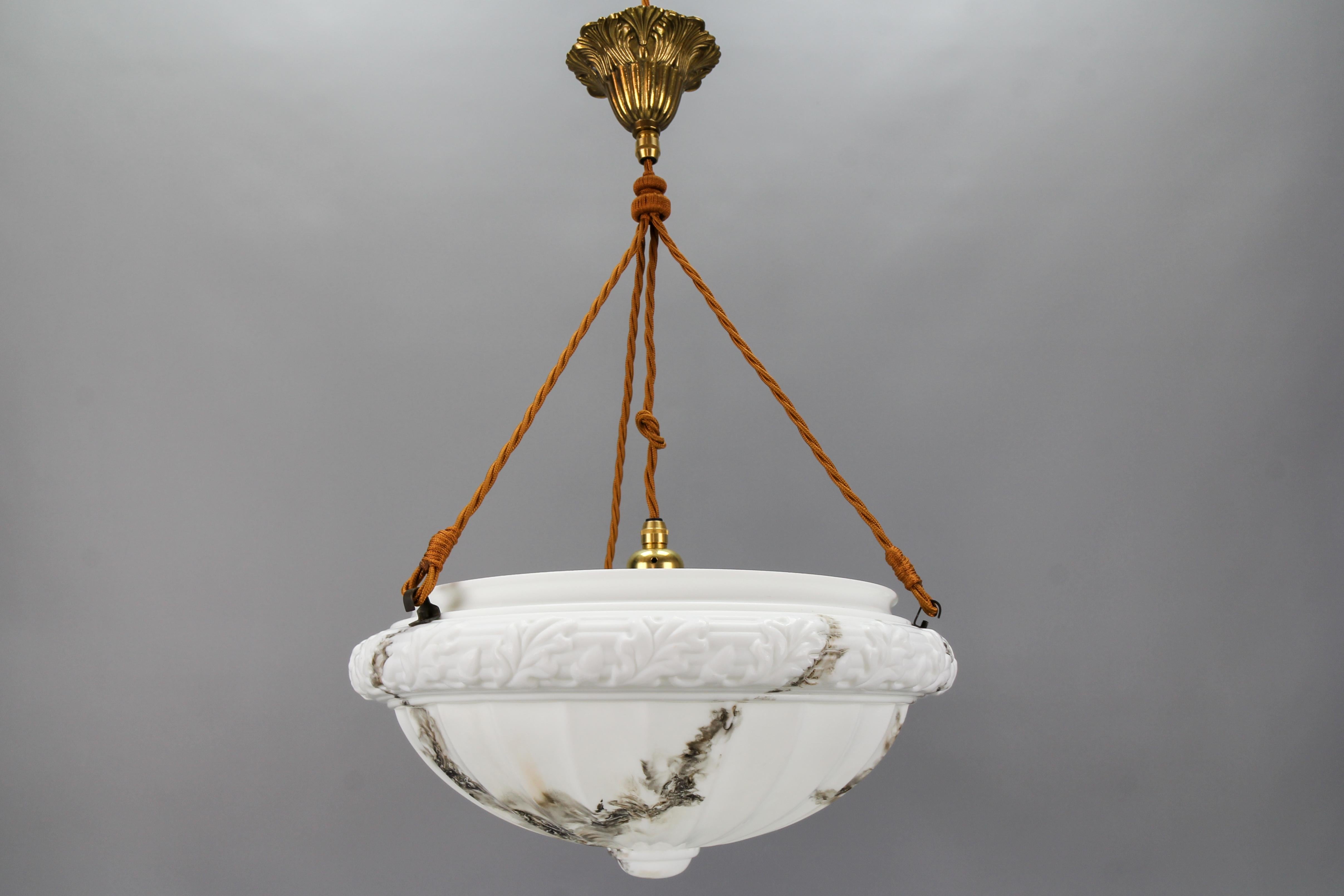 French Art Deco Style Marbled White Glass and Brass Pendant Light For Sale 6