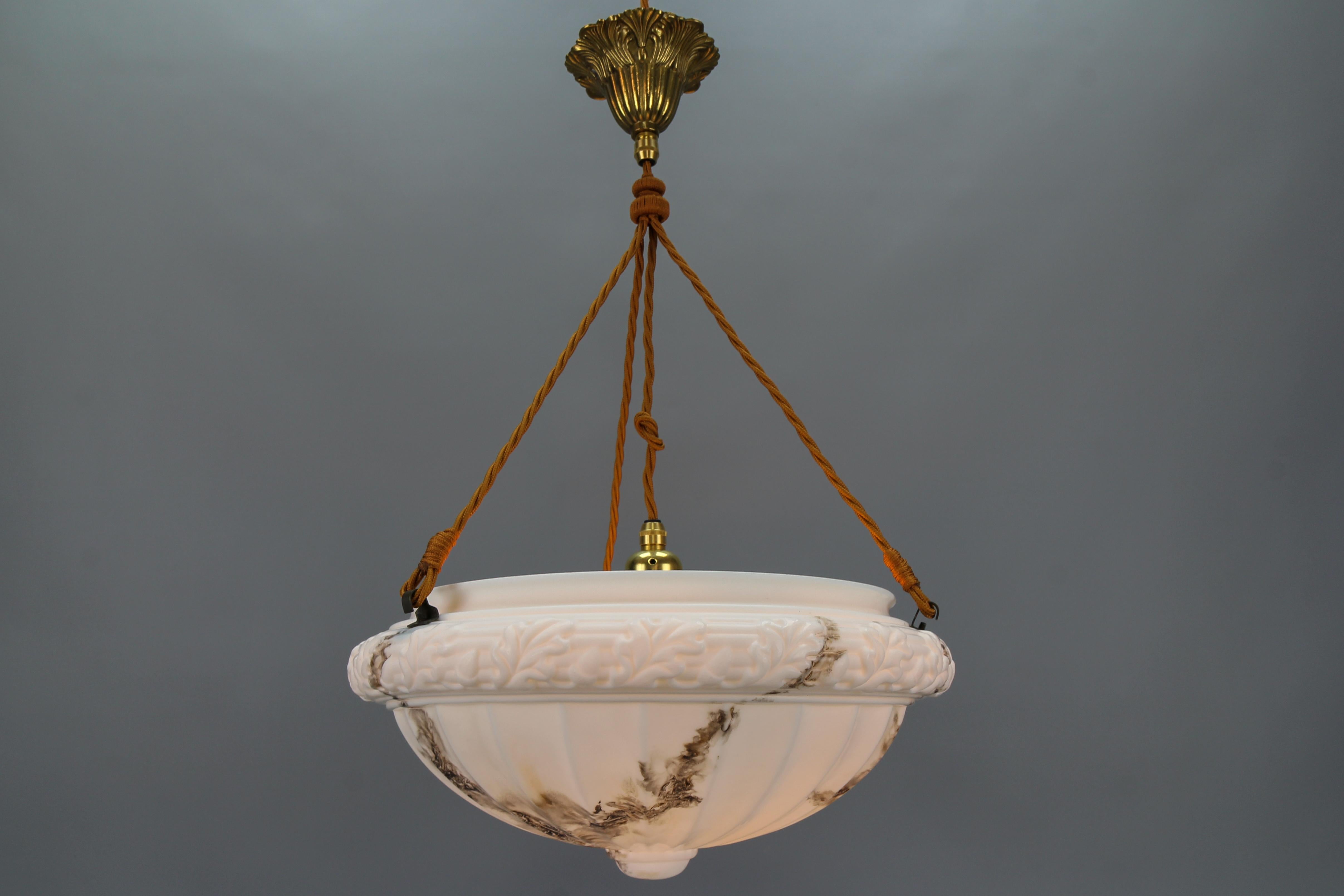 French Art Deco Style Marbled White Glass and Brass Pendant Light For Sale 7