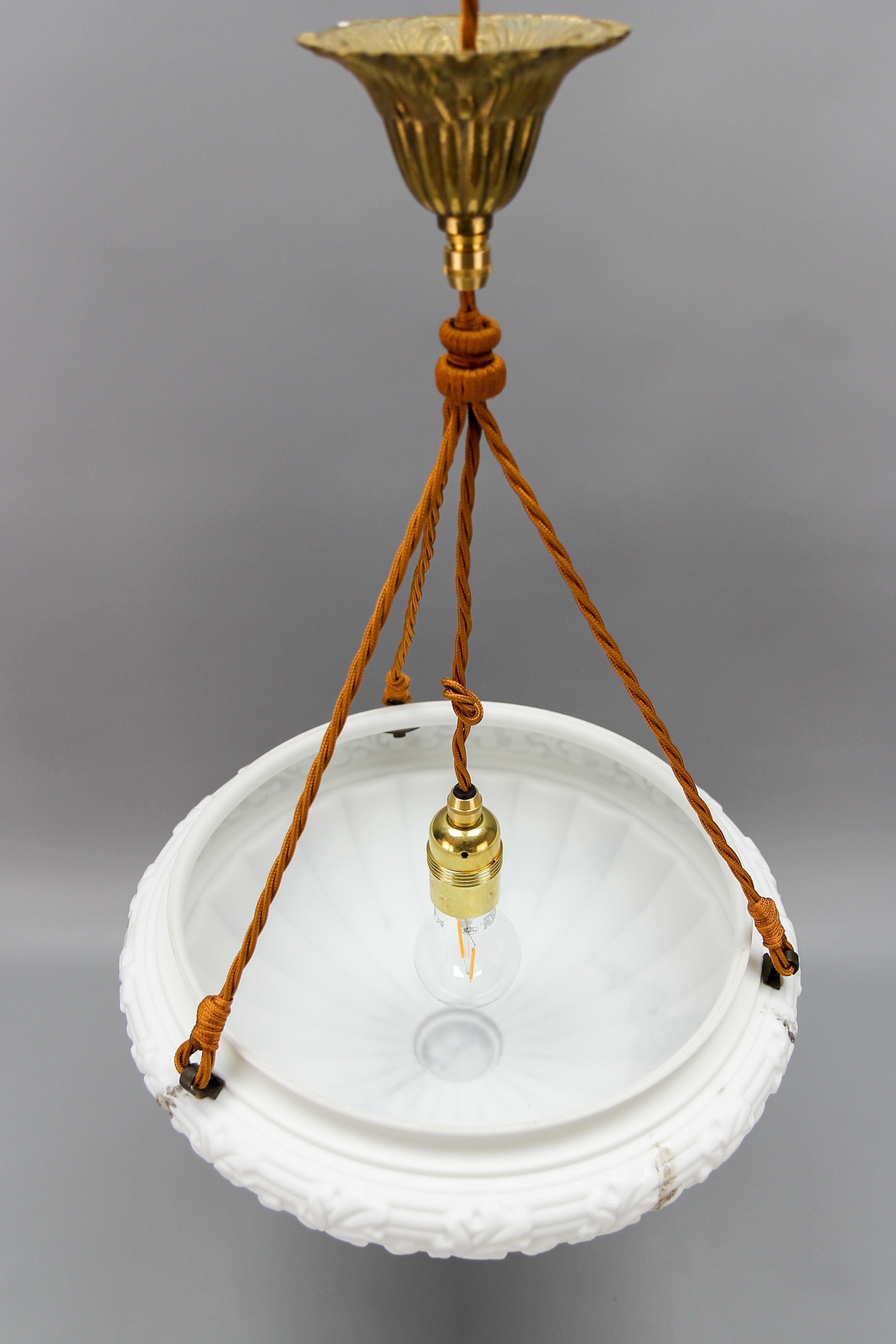 French Art Deco Style Marbled White Glass and Brass Pendant Light For Sale 9