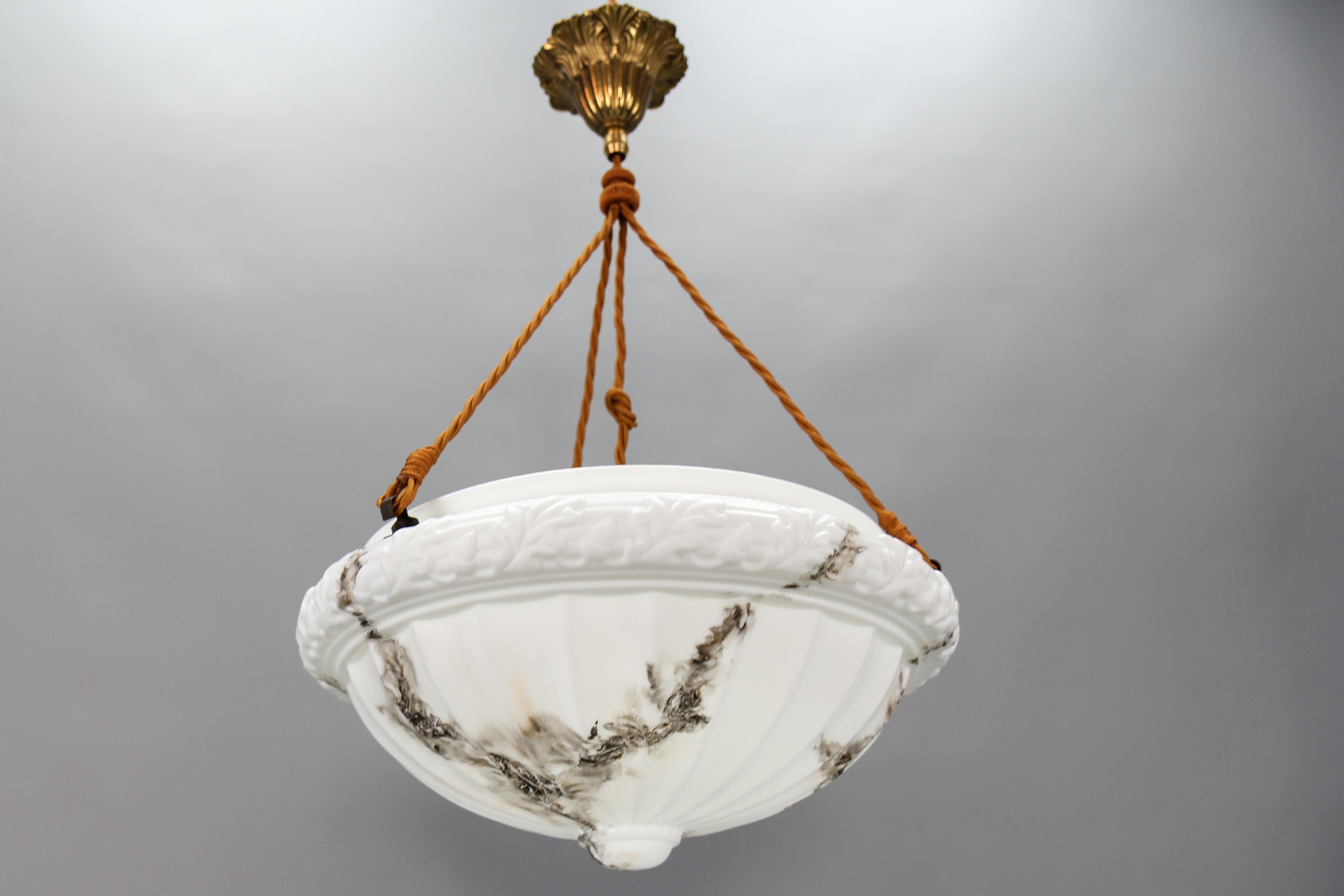 Mid-20th Century French Art Deco Style Marbled White Glass and Brass Pendant Light For Sale