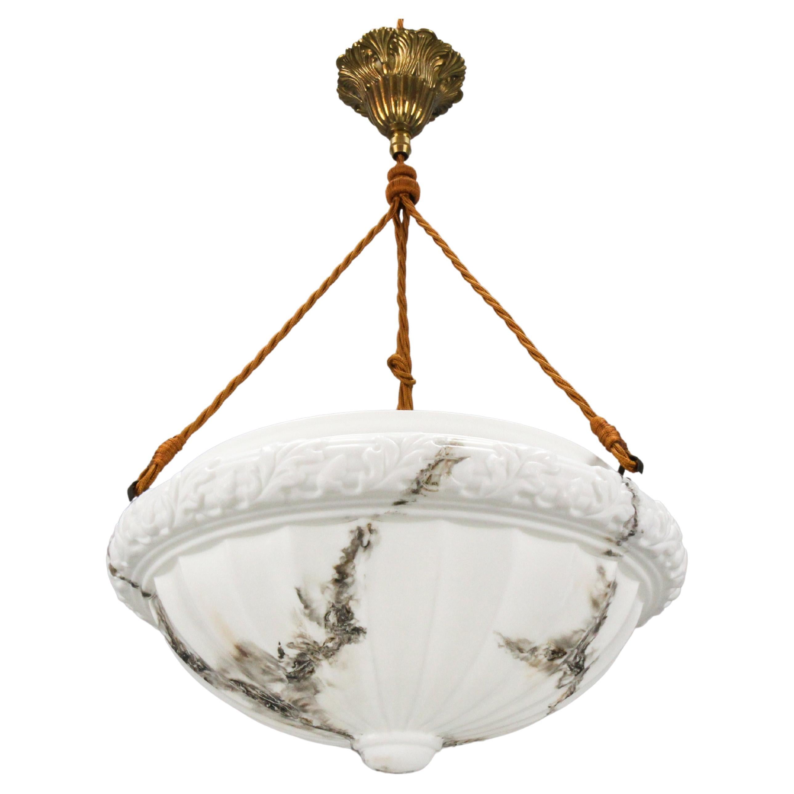 French Art Deco Style Marbled White Glass and Brass Pendant Light For Sale