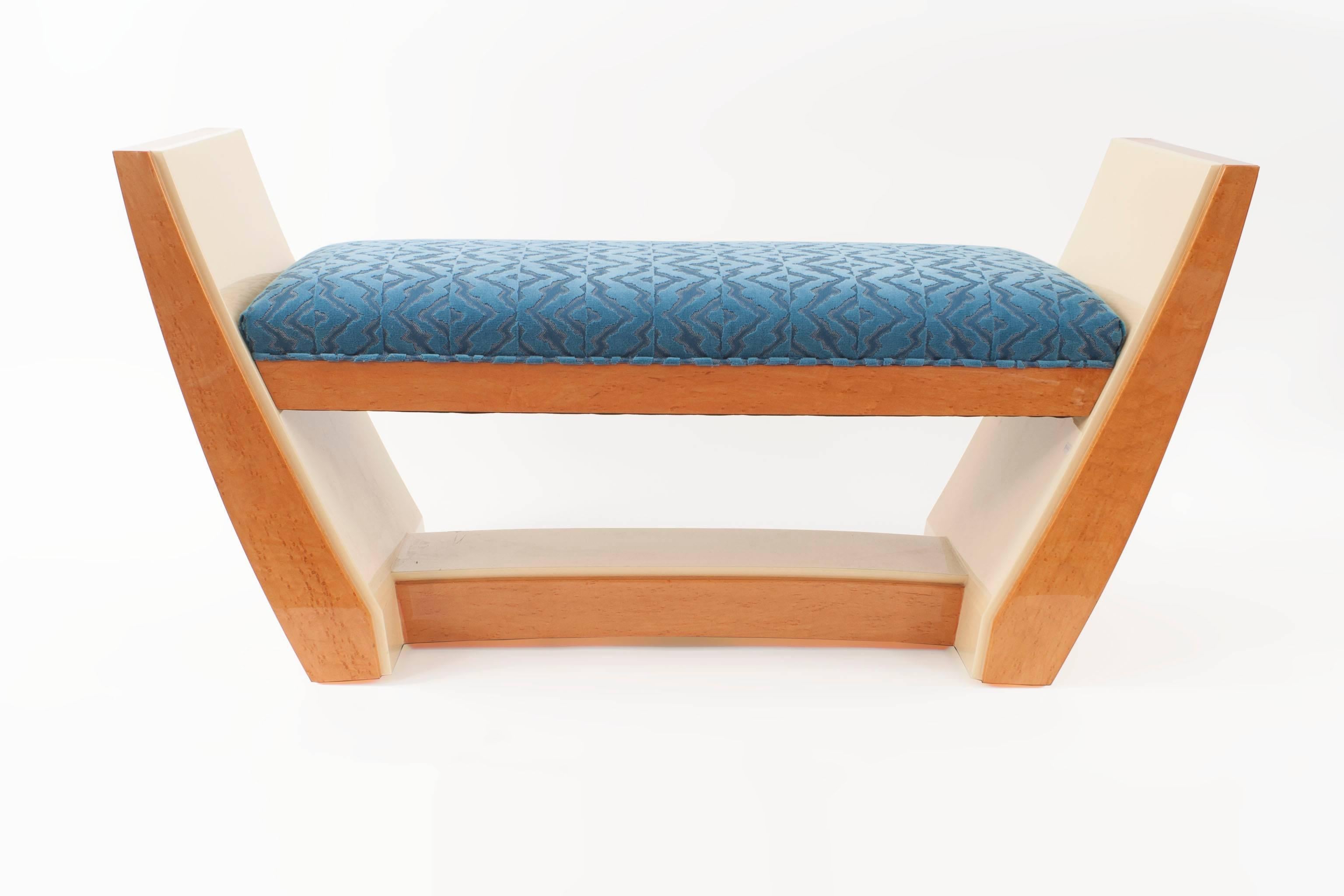 French Art Deco style custom maple & sycamore wood bench with flared side arms and blue upholstered seat with a slight arch design stretcher (CAN BE CUSTOMIZED)
