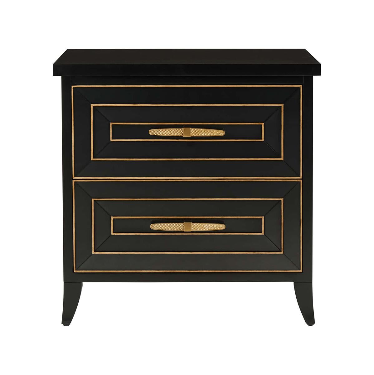 French Art Deco Style nightstand reminiscent of the roaring 1920’s, decked out with eglomise glass and gilt painted lines. Two substantial drawers with brass toggle pulls provide desirable storage, in our seal finish with gilt