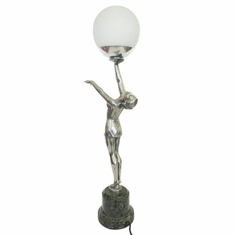 French Art Deco style nude danseuse lamp on a stepped marble base fashioned much after the French bronze sculpture Max Le Verrier.

This gorgeous looking lamp features a casted bronze nude ballet dancer statue with an antique silver finish. This