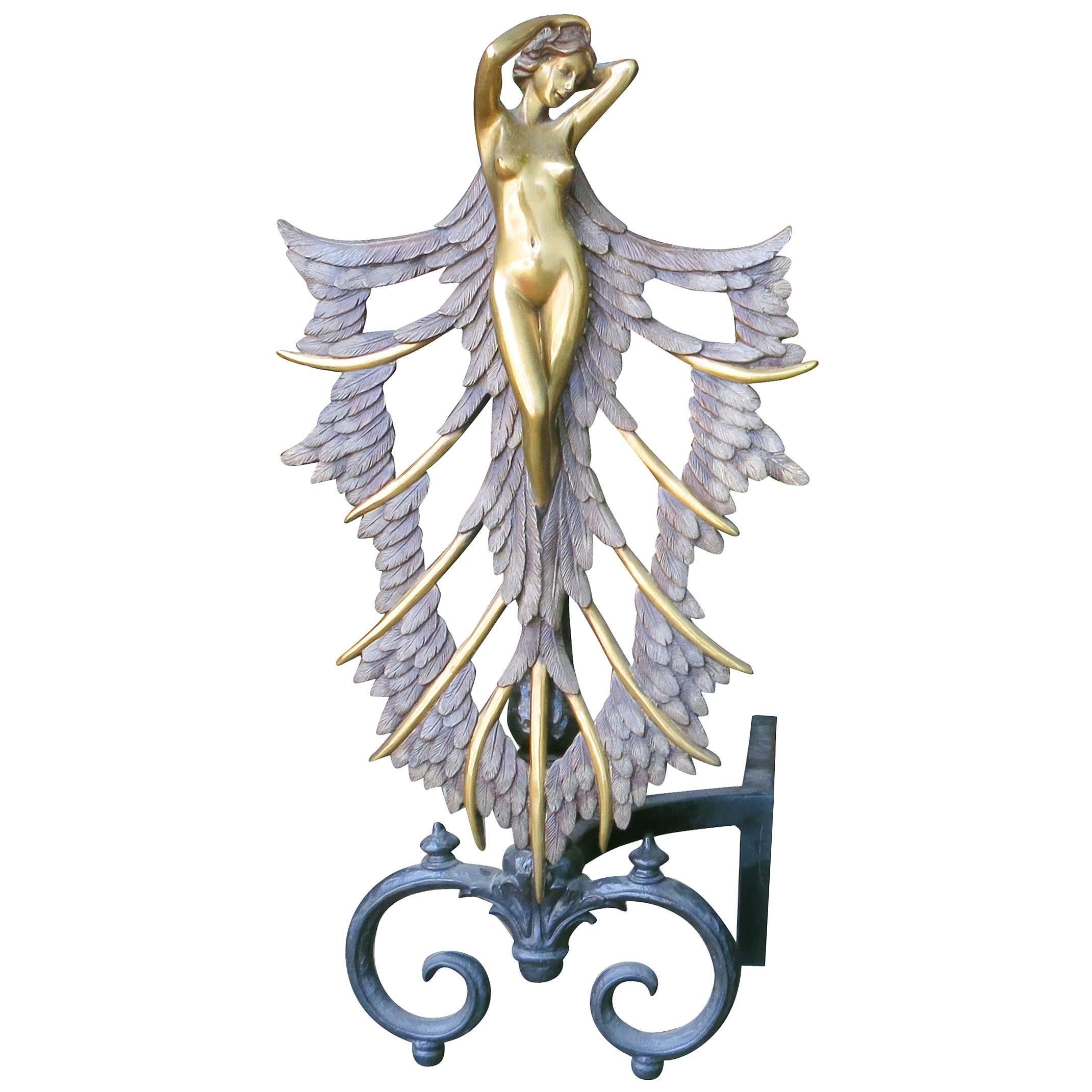 French Art Deco style high polished bronze andiron set with a Nude female flapper emerges from an ormolu feather design sitting on top of a scrolling base. 

Product handcrafted in the USA with the highest quality materials and over 30 years of