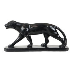 French Art Deco Style Panther Sculpture Black Lacquered Plaster 56cm