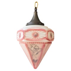 French Art Deco Style Pink Frosted Glass Pendant Lantern, circa 1930