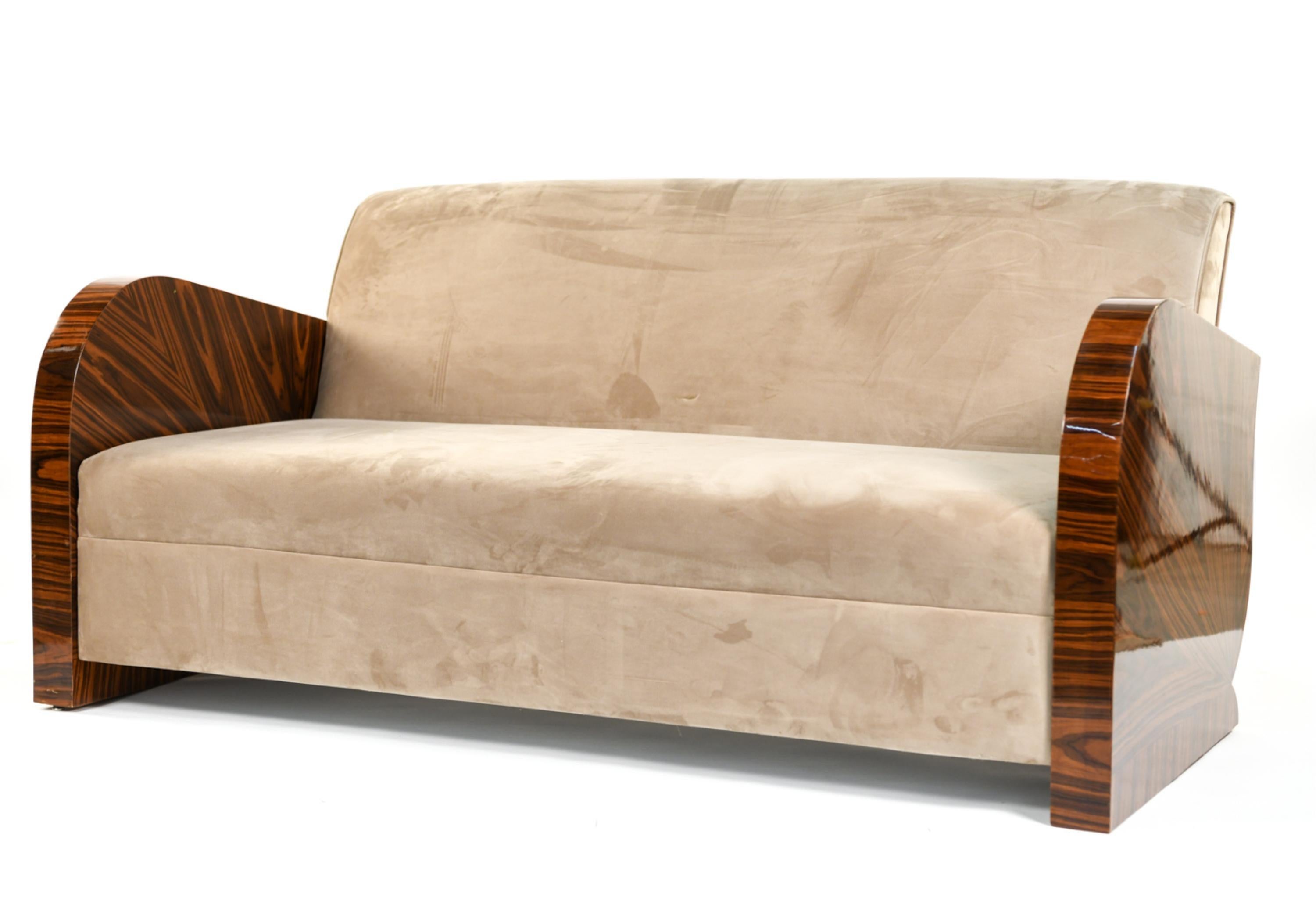 20th Century French Design, Art Deco, Sofa, Lacquered Rosewood, Beige Velour, France, 1930s For Sale