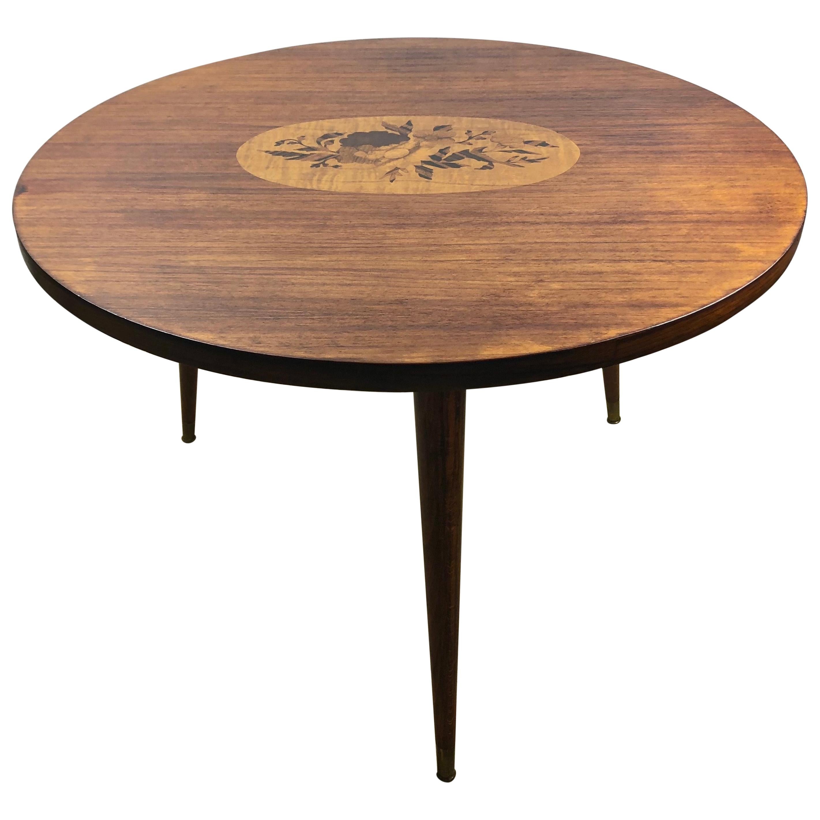 French Art Deco Style Round Wooden Cocktail or Side Table with Marquetry Center