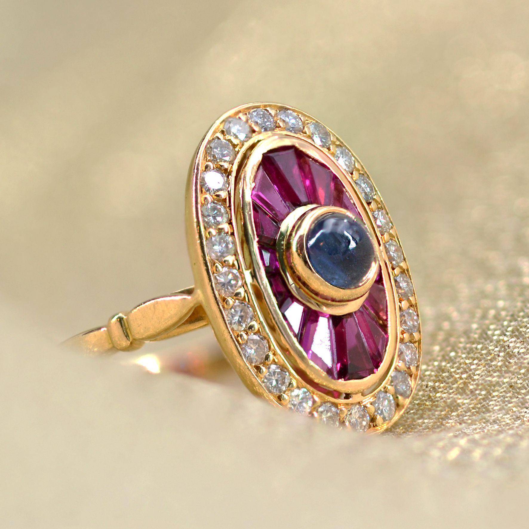 French Art Deco Style Ruby Sapphire Diamonds 18 Karat Yellow Gold Ring For Sale 4