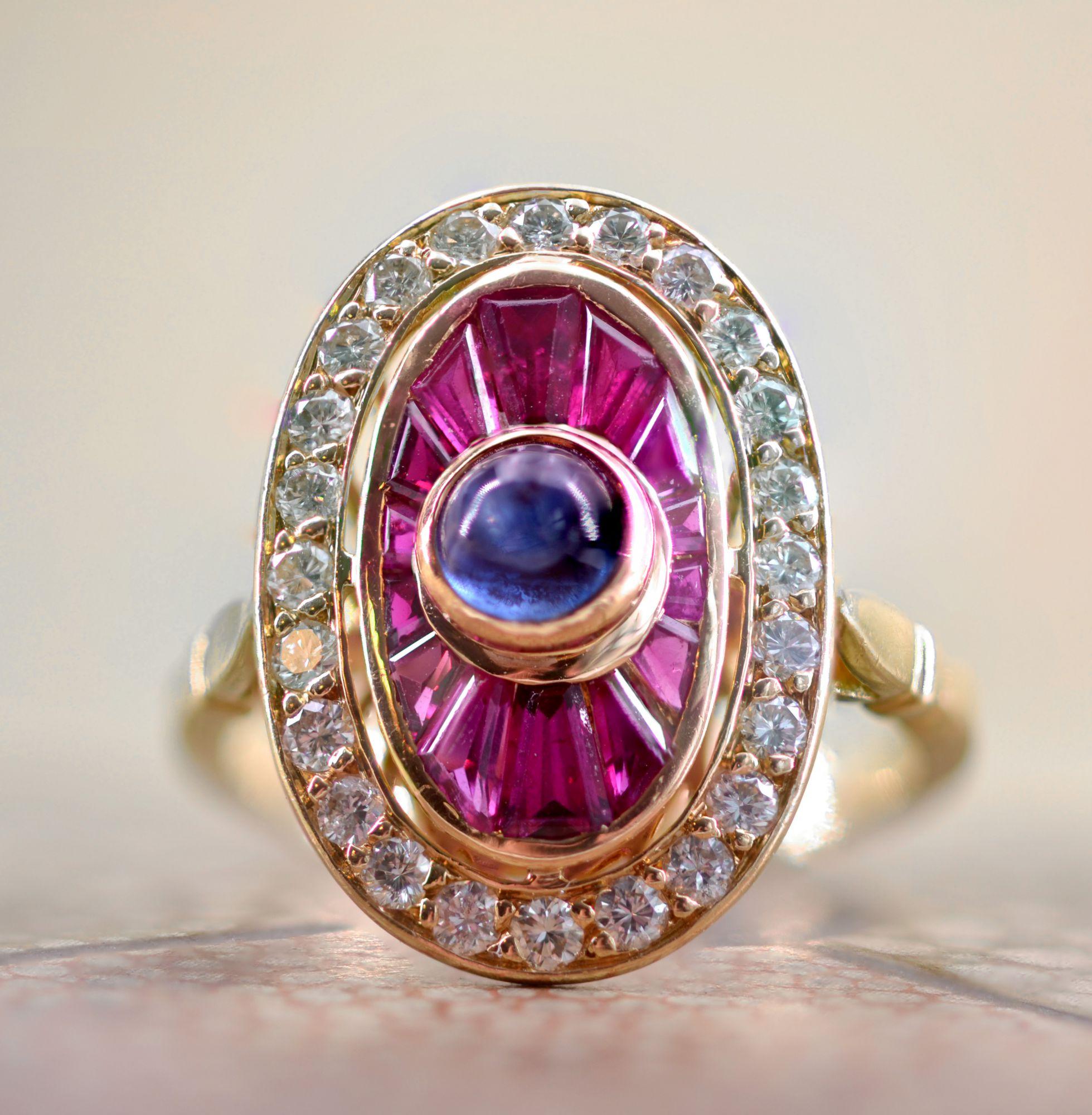 French Art Deco Style Ruby Sapphire Diamonds 18 Karat Yellow Gold Ring For Sale 5