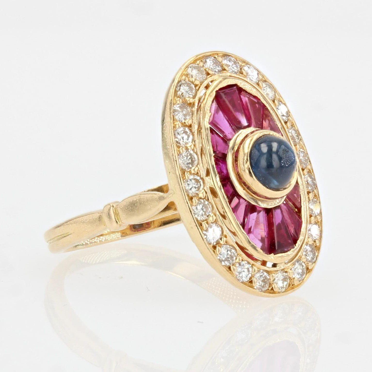 French Art Deco Style Ruby Sapphire Diamonds 18 Karat Yellow Gold Ring For Sale 6