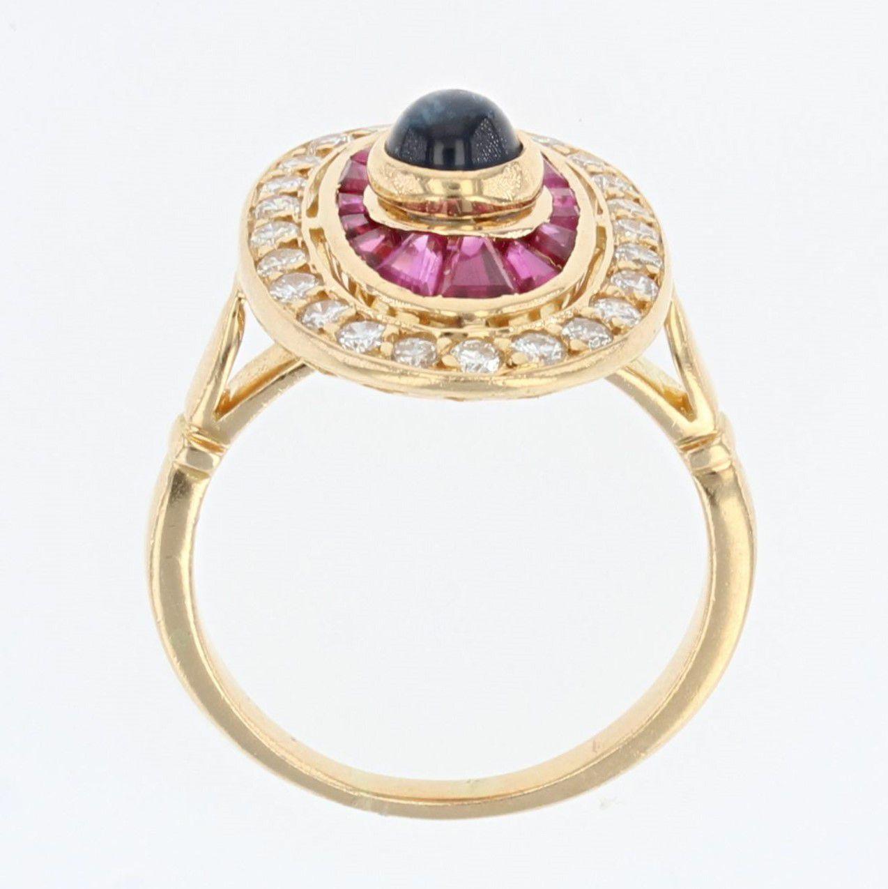 French Art Deco Style Ruby Sapphire Diamonds 18 Karat Yellow Gold Ring For Sale 7