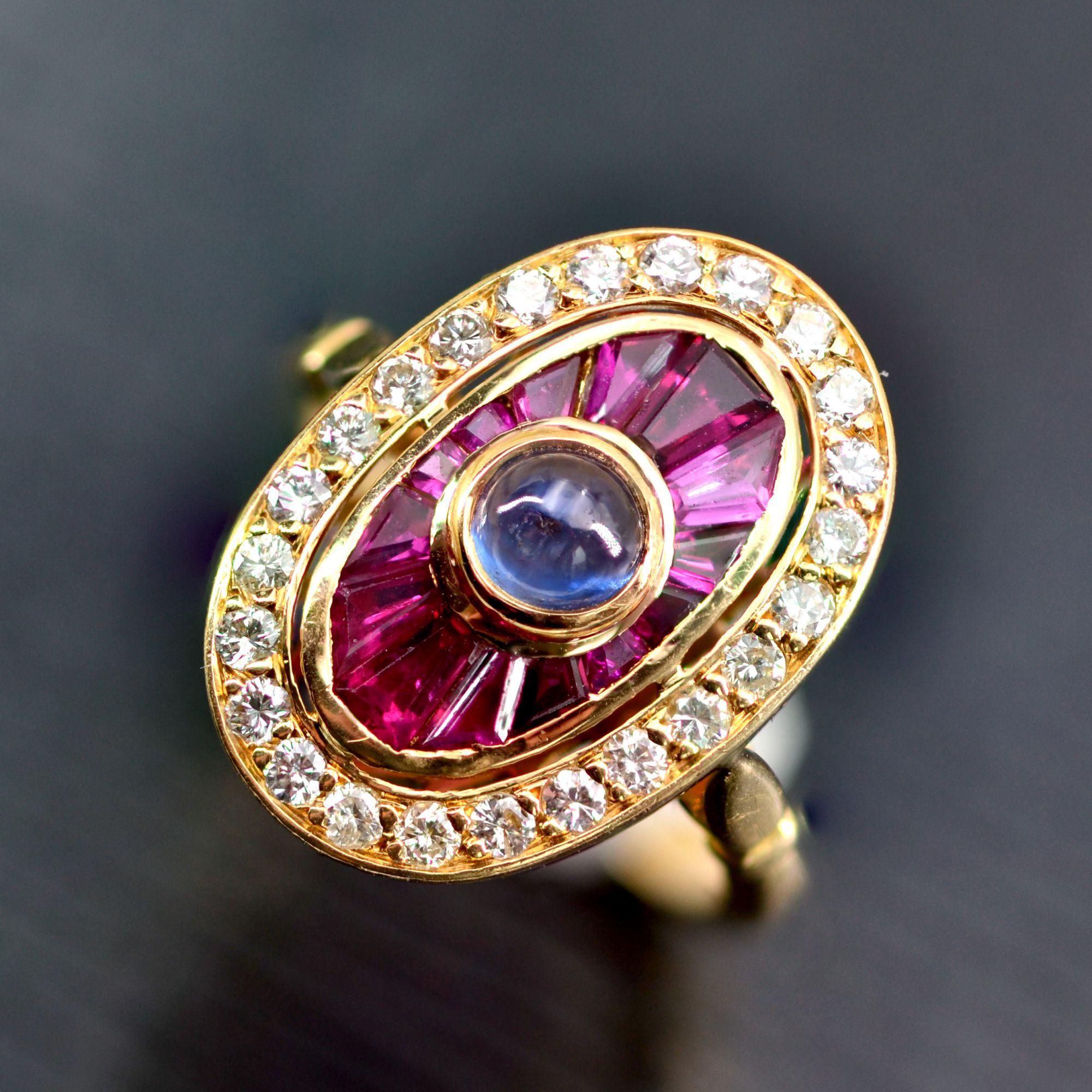 French Art Deco Style Ruby Sapphire Diamonds 18 Karat Yellow Gold Ring For Sale 9