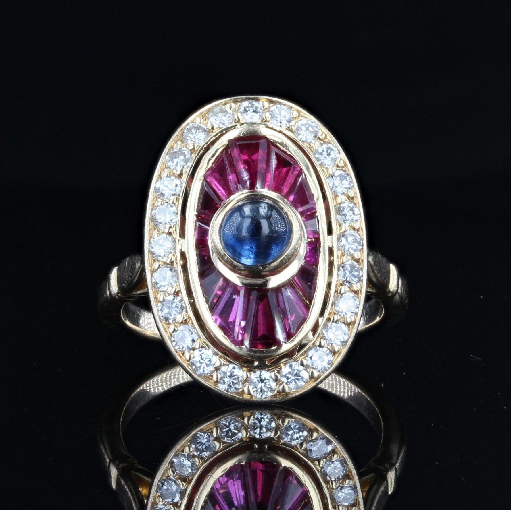 Retro French Art Deco Style Ruby Sapphire Diamonds 18 Karat Yellow Gold Ring For Sale