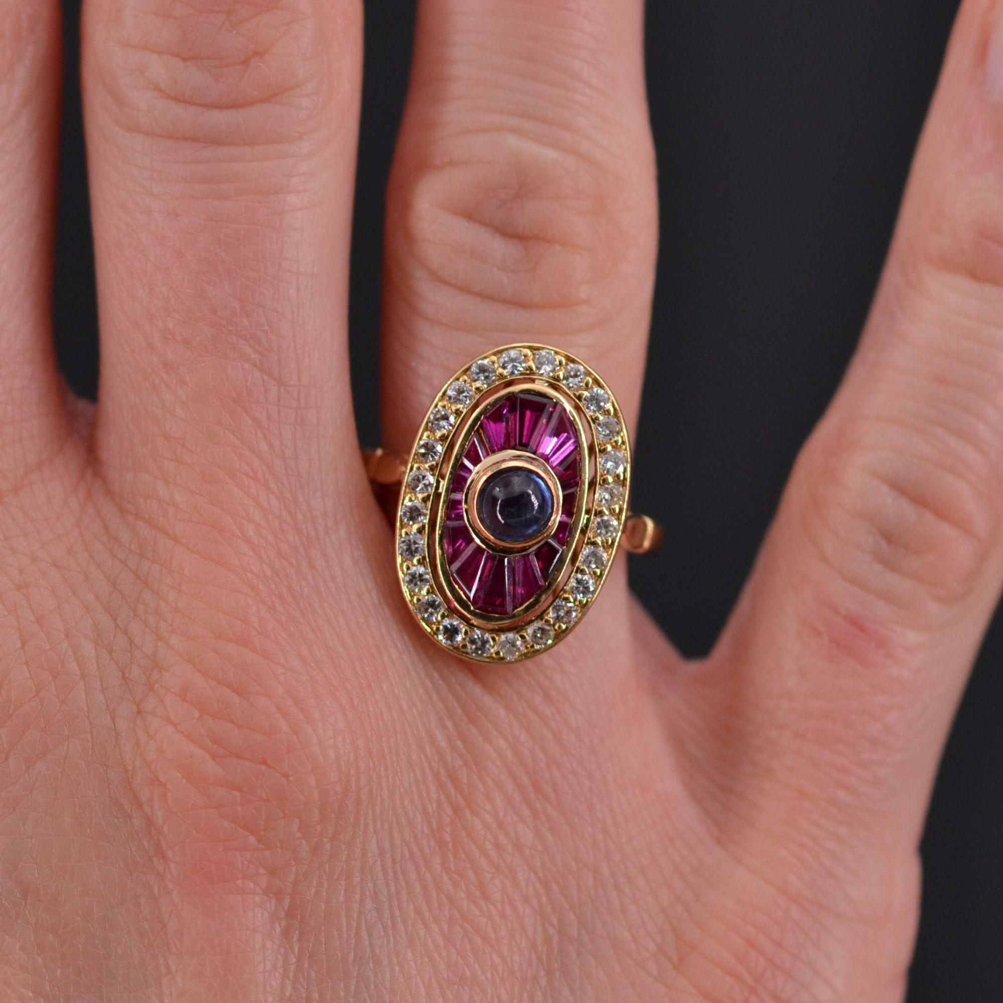 Cabochon French Art Deco Style Ruby Sapphire Diamonds 18 Karat Yellow Gold Ring For Sale