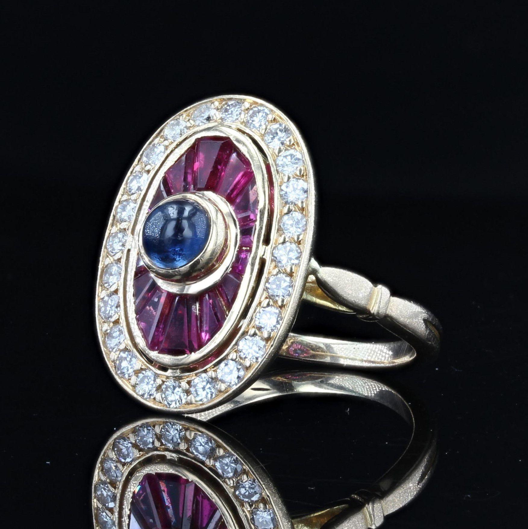 French Art Deco Style Ruby Sapphire Diamonds 18 Karat Yellow Gold Ring In Excellent Condition For Sale In Poitiers, FR