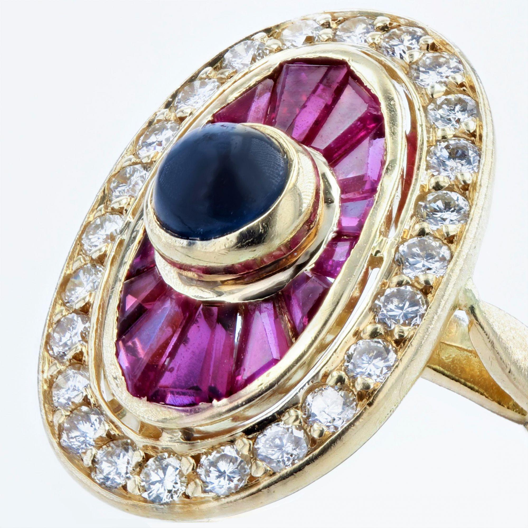 French Art Deco Style Ruby Sapphire Diamonds 18 Karat Yellow Gold Ring For Sale 1