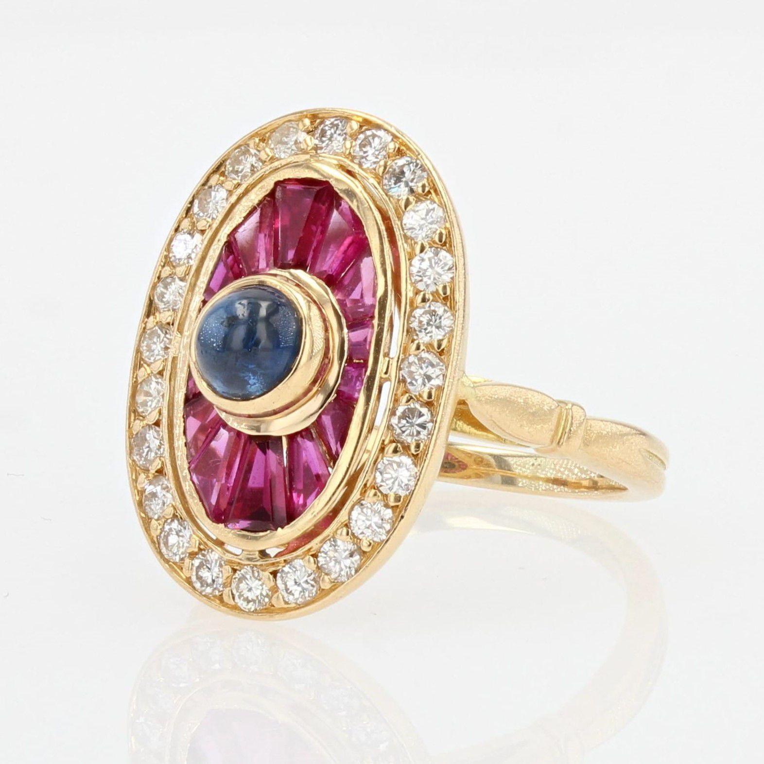 French Art Deco Style Ruby Sapphire Diamonds 18 Karat Yellow Gold Ring For Sale 2