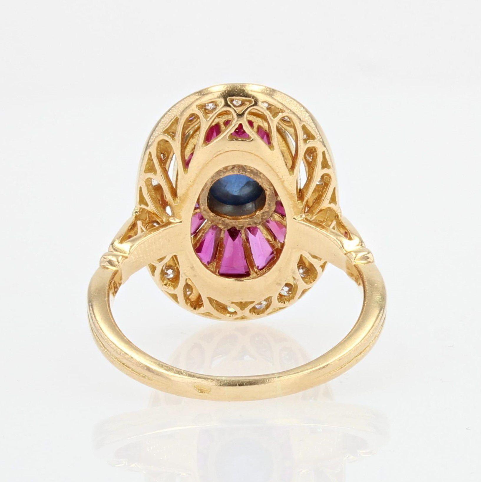 French Art Deco Style Ruby Sapphire Diamonds 18 Karat Yellow Gold Ring For Sale 3