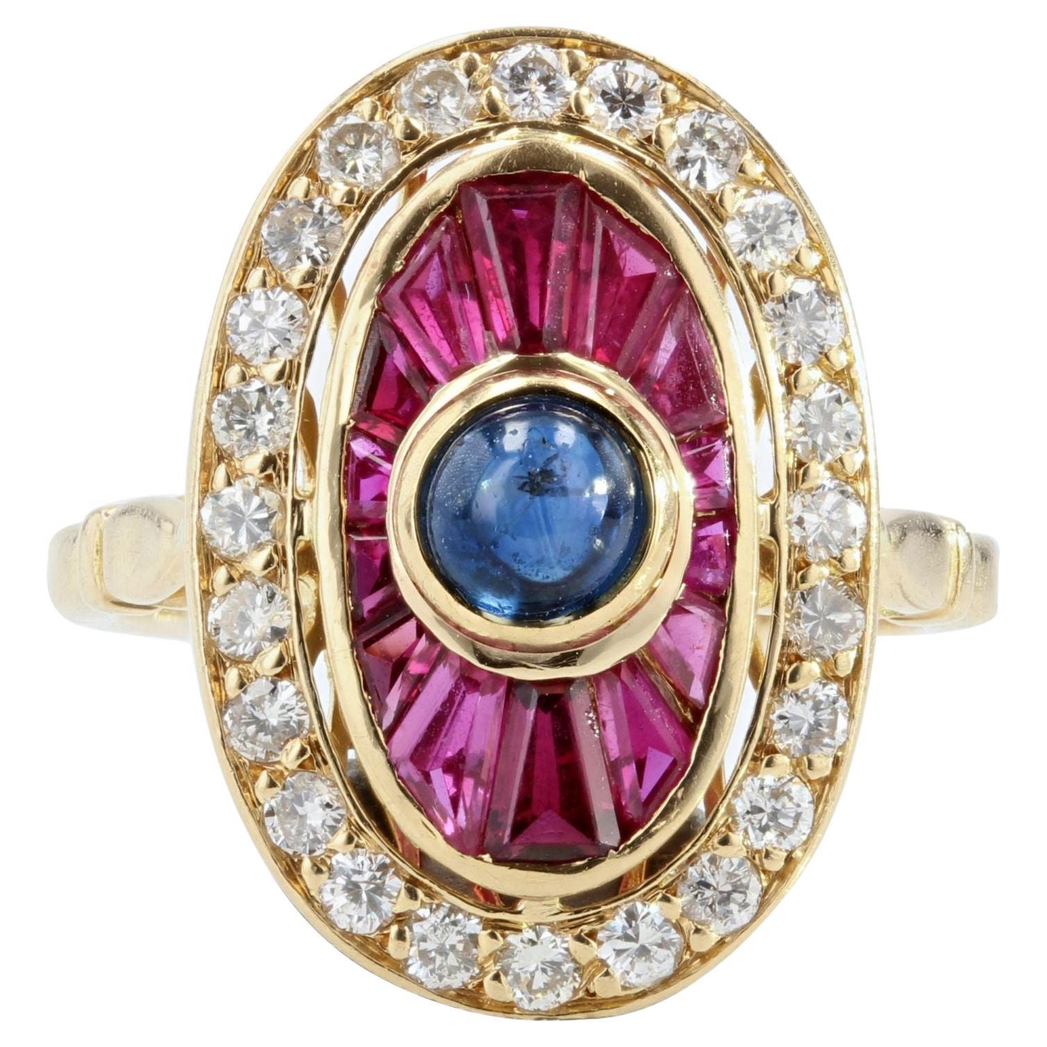 French Art Deco Style Ruby Sapphire Diamonds 18 Karat Yellow Gold Ring