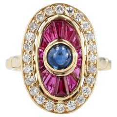 French Art Deco Style Ruby Sapphire Diamonds 18 Karat Yellow Gold Ring Vintage French Art Deco Style Ruby Sapphire Diamonds 18 Karat Yellow Gold Ring