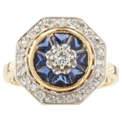 French Art Deco Style Sapphire Diamonds 18 Karat Yellow Gold Octogonal Ring