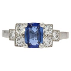 French Art Deco Style Sapphire Diamonds Platinum Ring