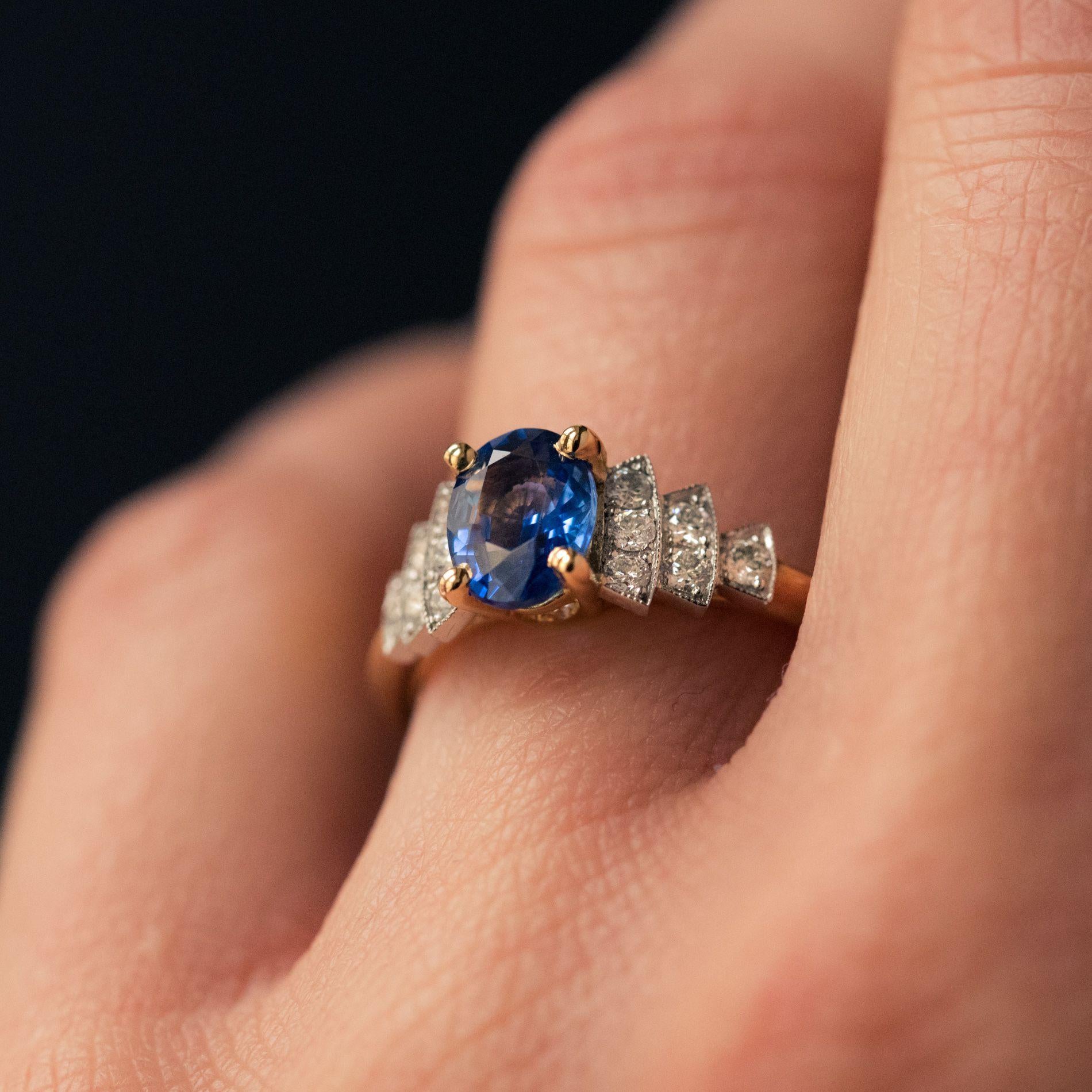 French Art Deco Style Sapphire Diamonds Ring 6