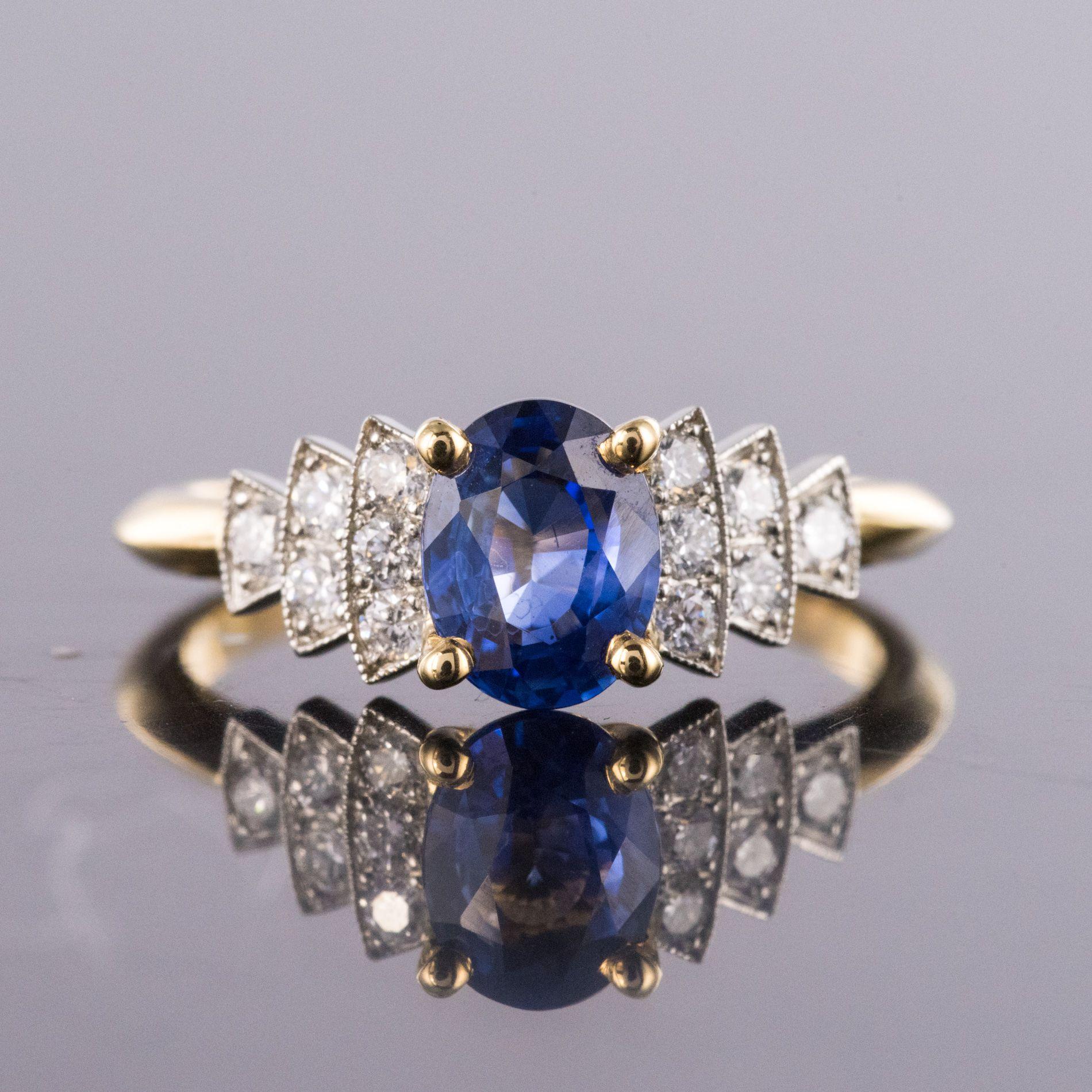 French Art Deco Style Sapphire Diamonds Ring 7