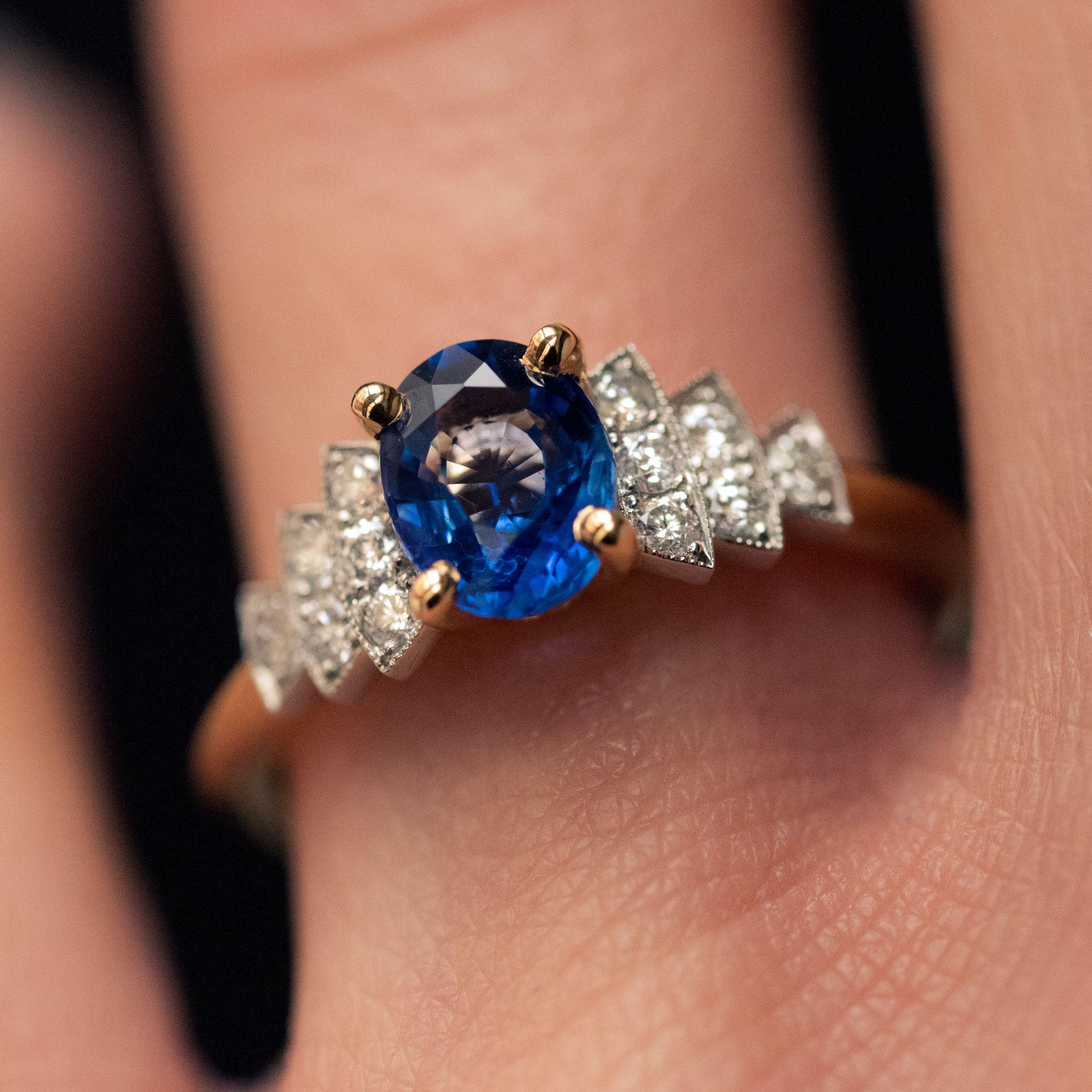 Women's French Art Deco Style Sapphire Diamonds Ring
