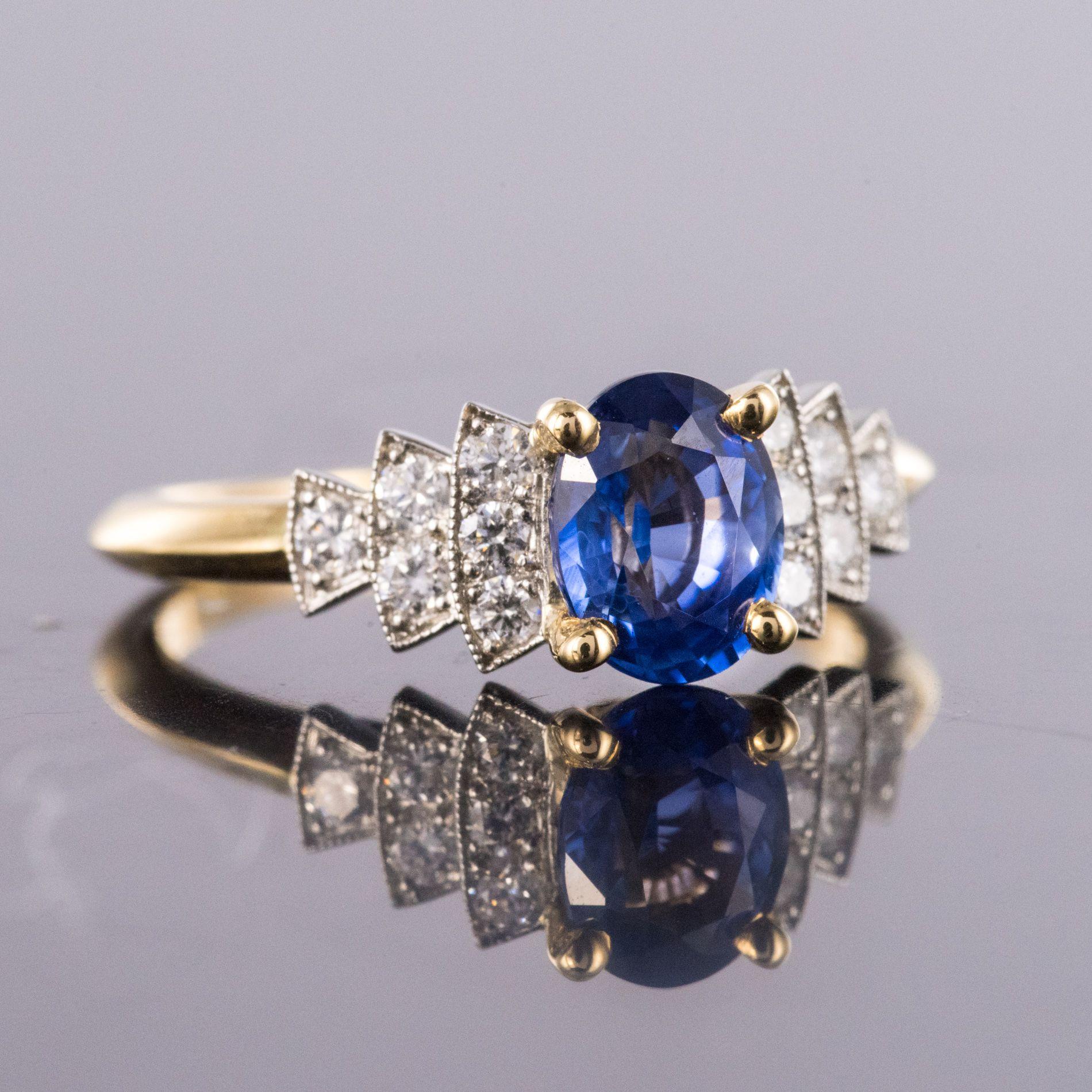 French Art Deco Style Sapphire Diamonds Ring 1