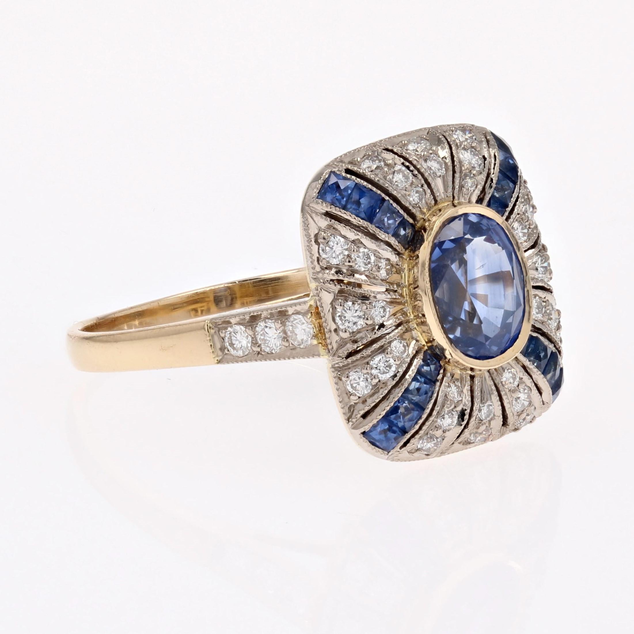 French Art Deco Style Sapphires Diamonds 18 Karat Yellow White Gold Ring For Sale 6