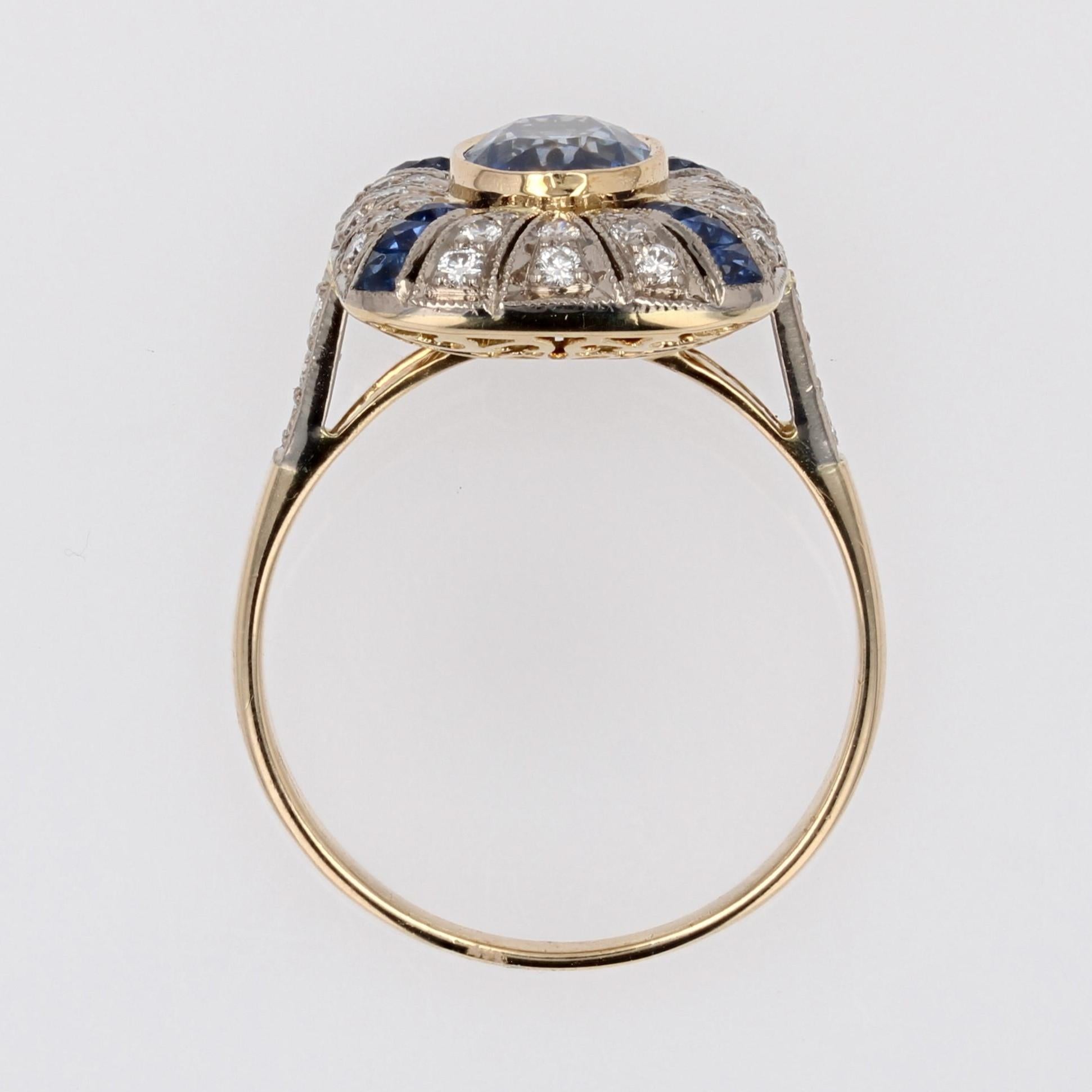 French Art Deco Style Sapphires Diamonds 18 Karat Yellow White Gold Ring For Sale 12