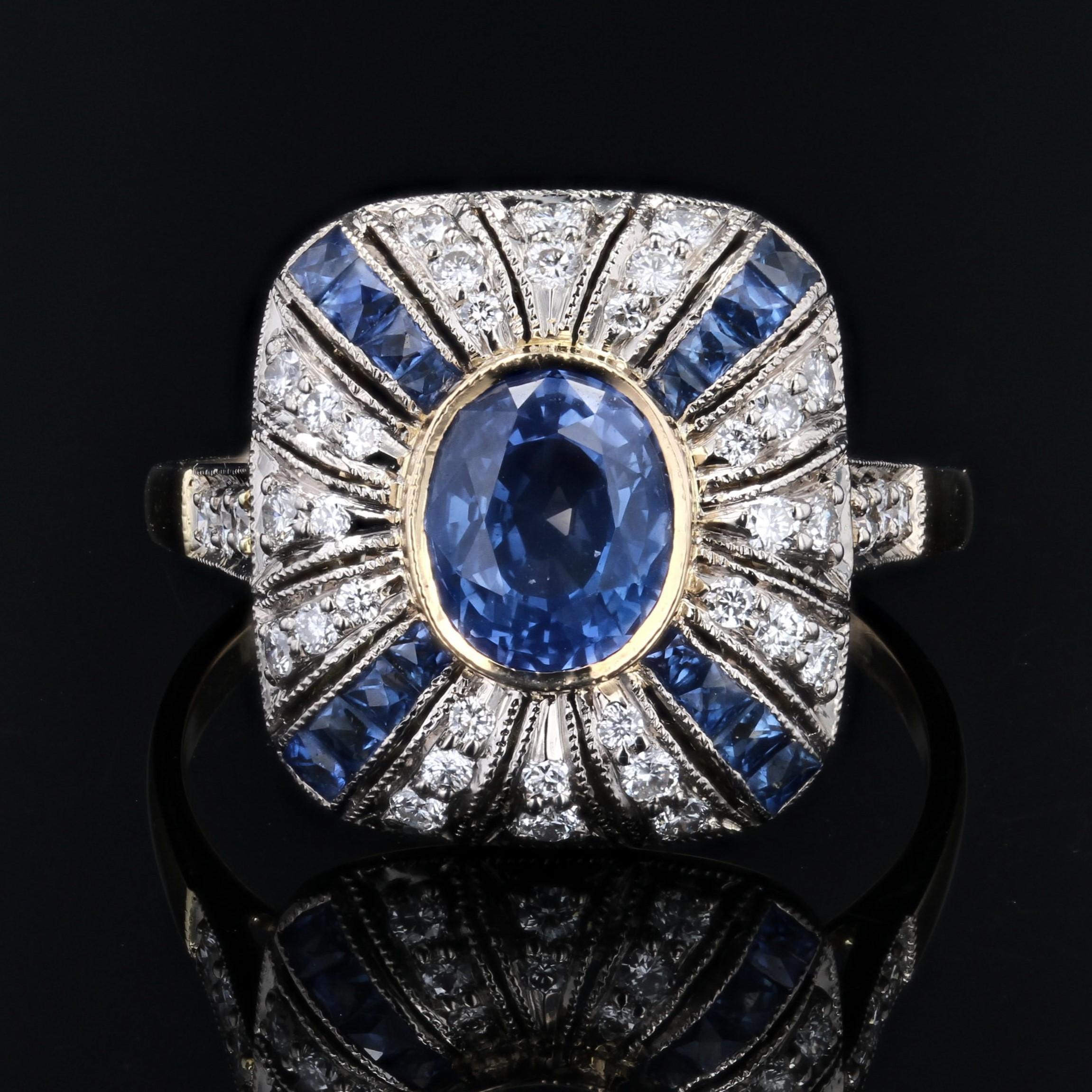 Women's French Art Deco Style Sapphires Diamonds 18 Karat Yellow White Gold Ring For Sale