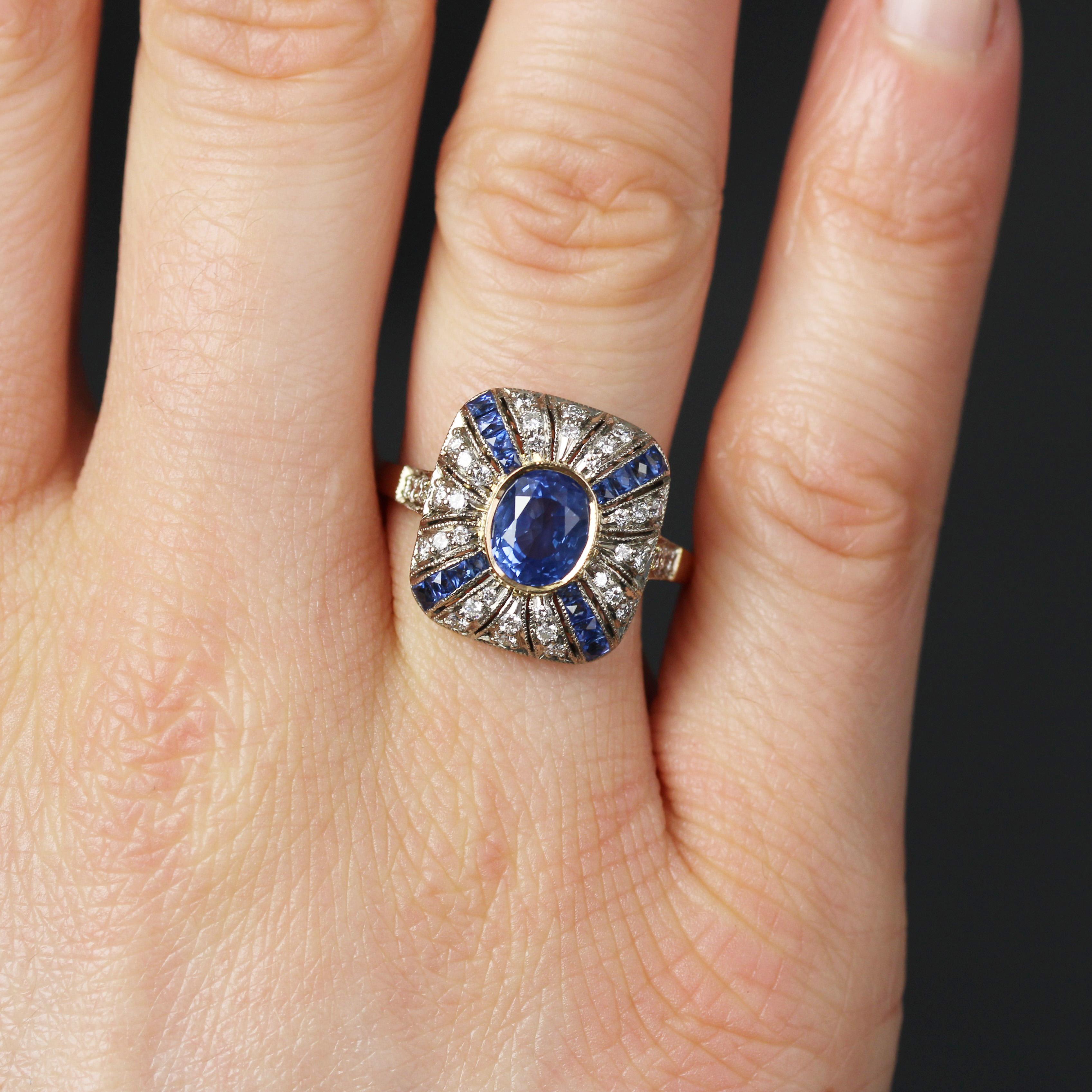 French Art Deco Style Sapphires Diamonds 18 Karat Yellow White Gold Ring For Sale 1