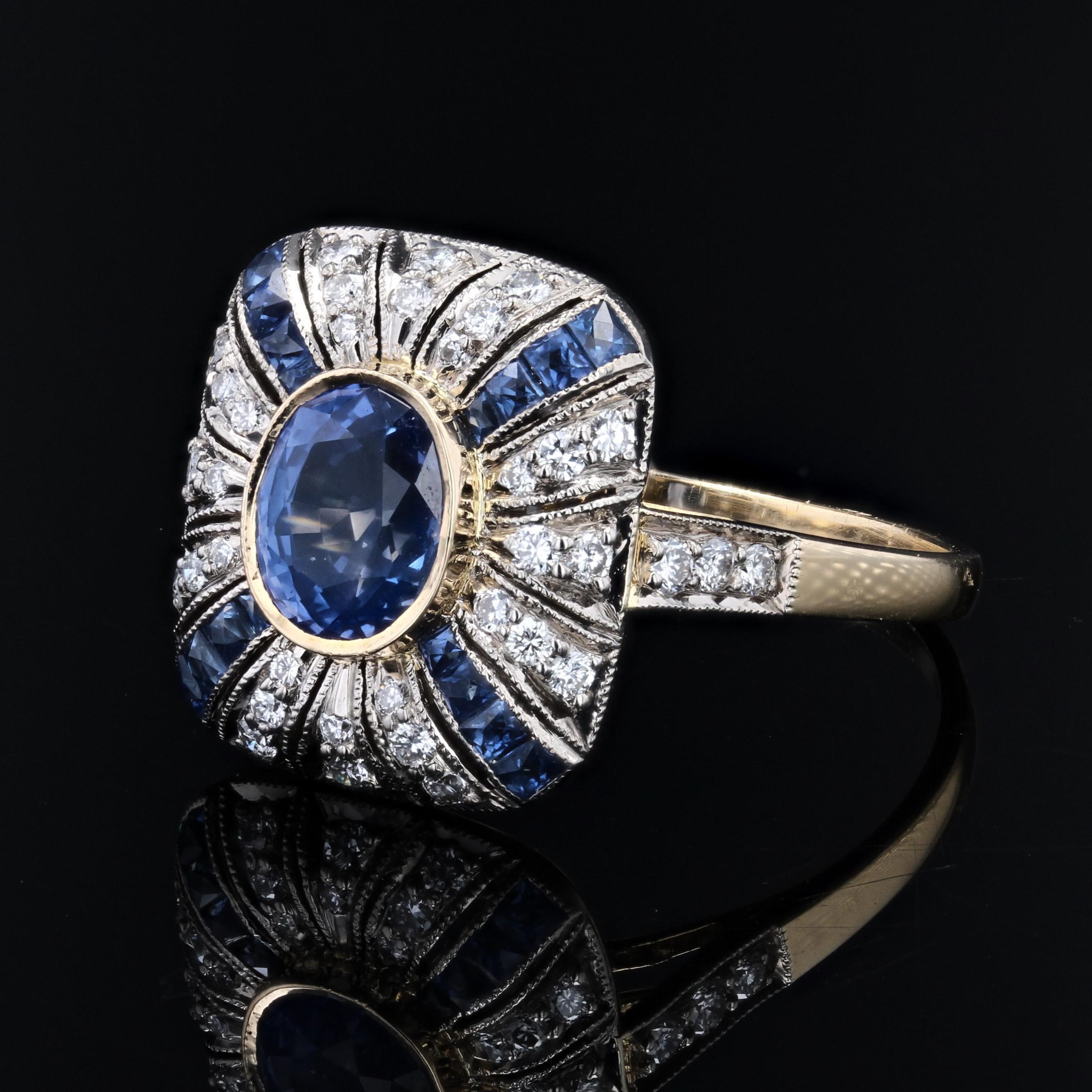 Französischer Art Deco Stil Saphire Diamanten 18 Karat Gelb Weißgold Ring 1