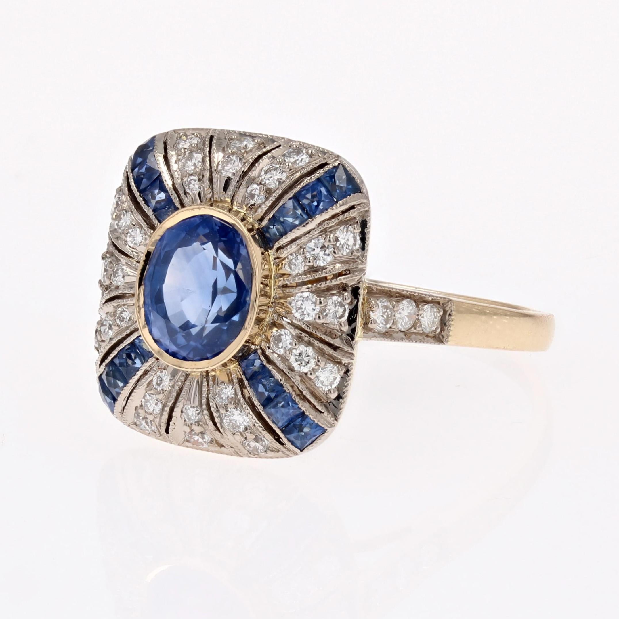 French Art Deco Style Sapphires Diamonds 18 Karat Yellow White Gold Ring For Sale 3