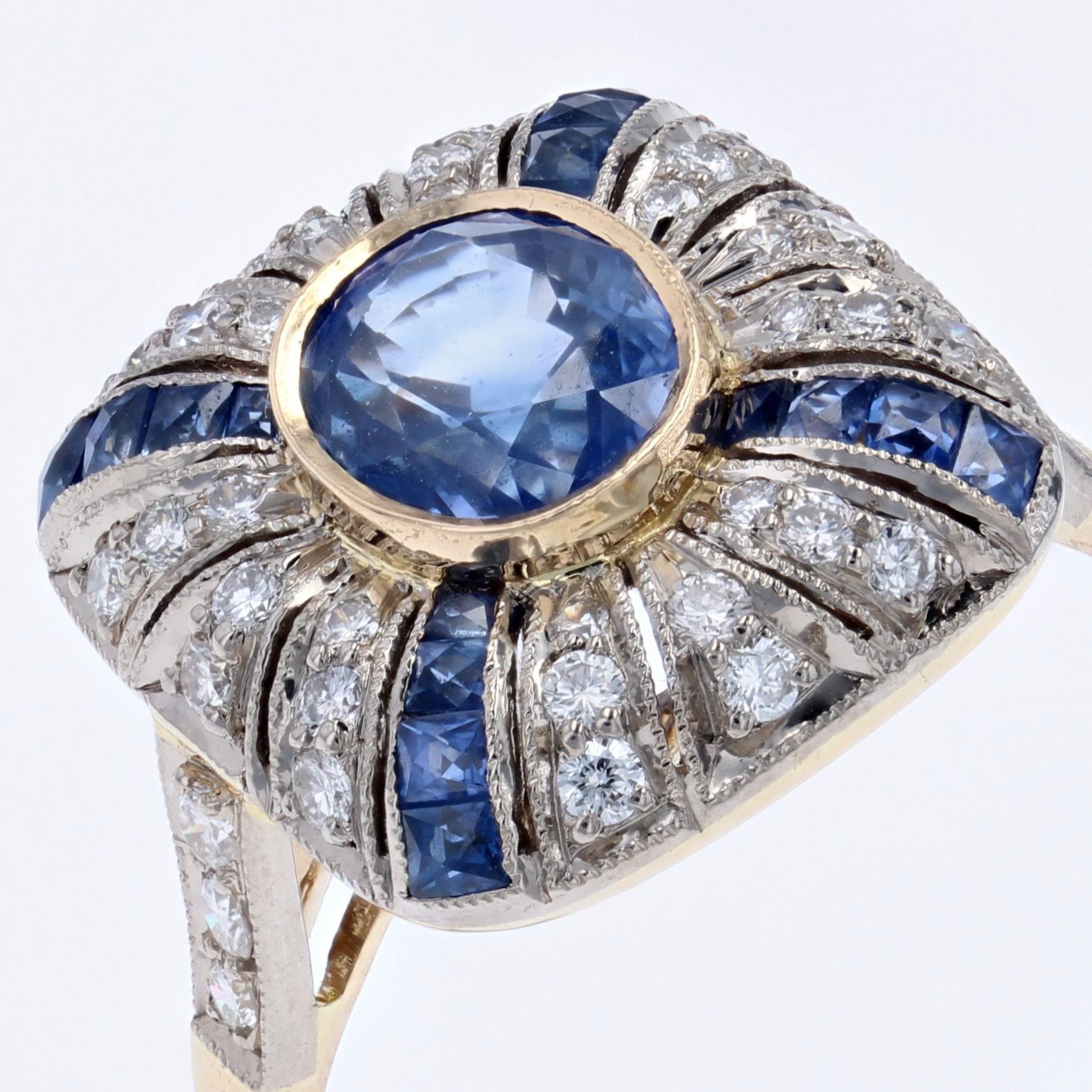 French Art Deco Style Sapphires Diamonds 18 Karat Yellow White Gold Ring For Sale 4