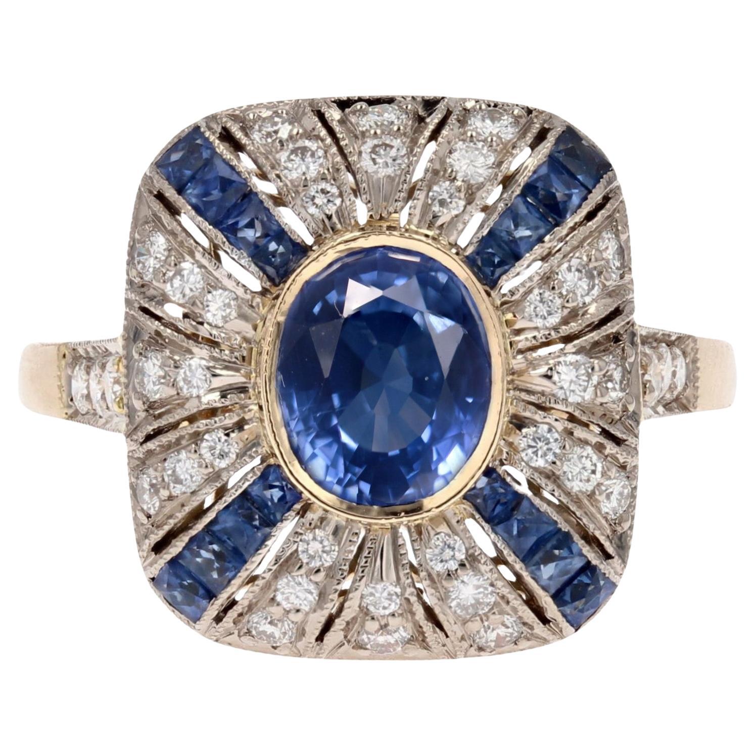 French Art Deco Style Sapphires Diamonds 18 Karat Yellow White Gold Ring For Sale