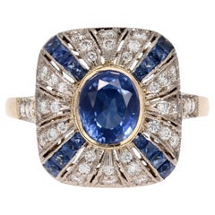 French Art Deco Style Sapphires Diamonds 18 Karat Yellow White Gold Ring