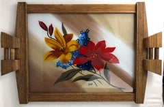 French Art Deco Style Serving Tray with Flowers, Oak and Glass