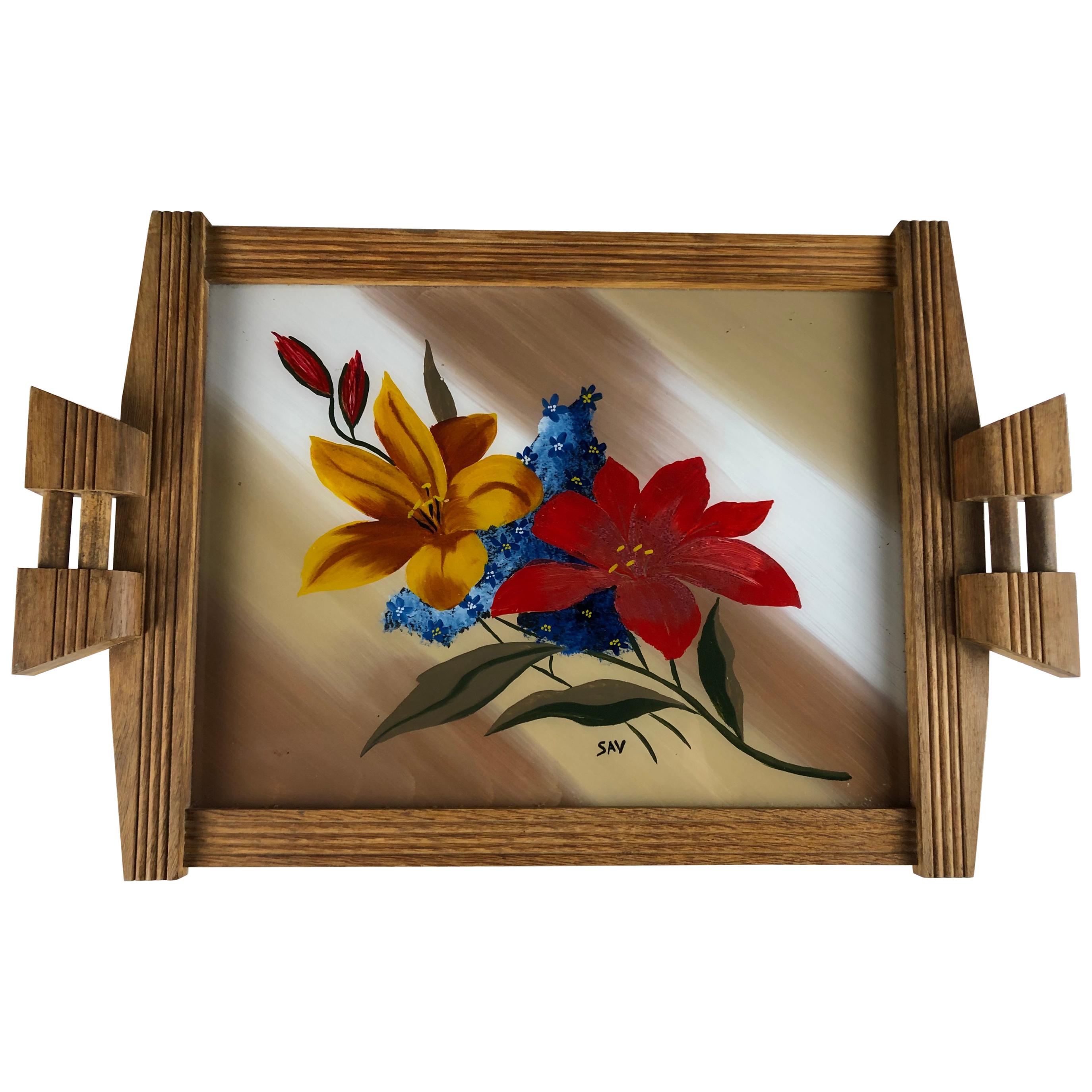 French Art Deco Style Serving Tray with Flowers, Oak and Glass For Sale