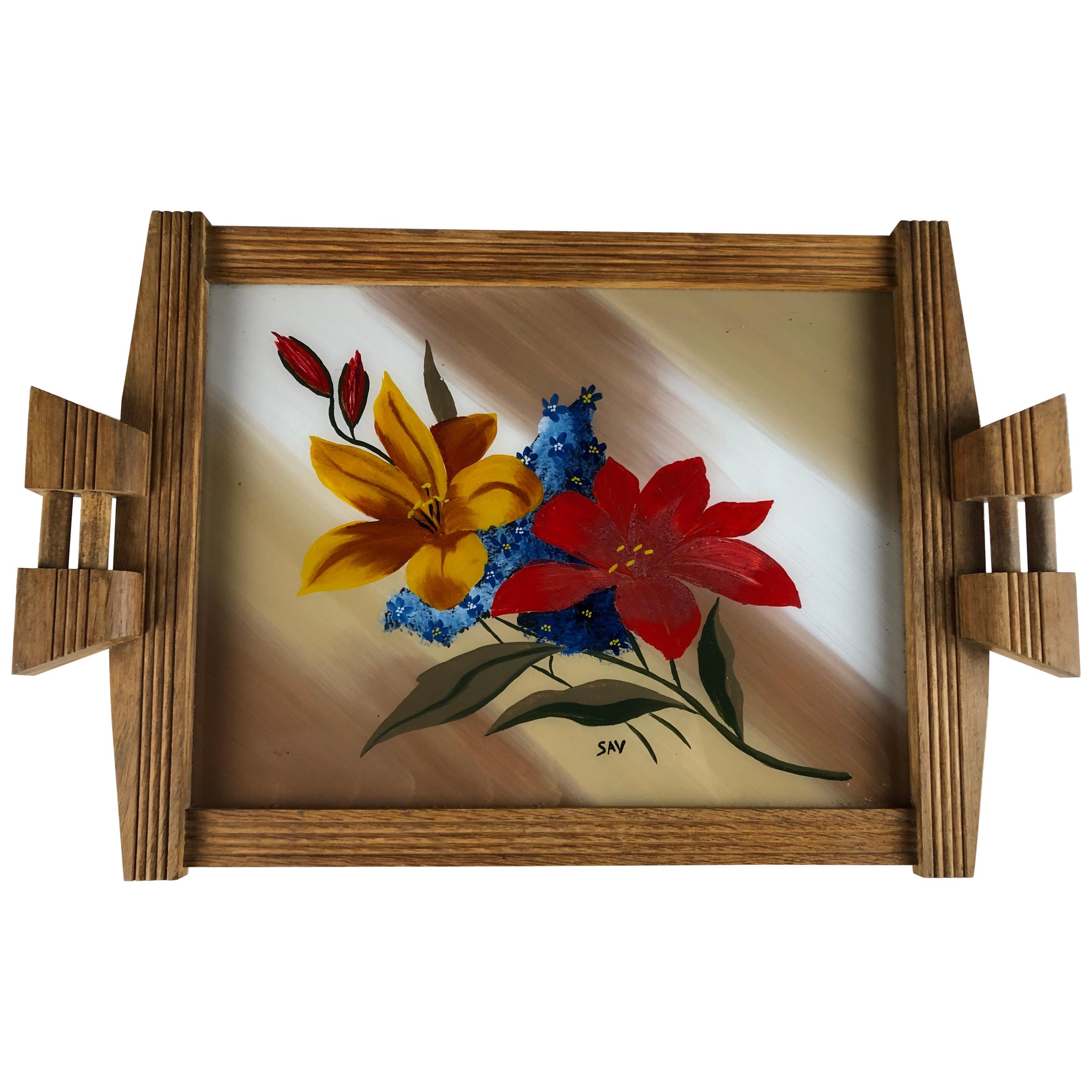 Bandeja de servir francesa de estilo Art Déco con flores, de roble y cristal